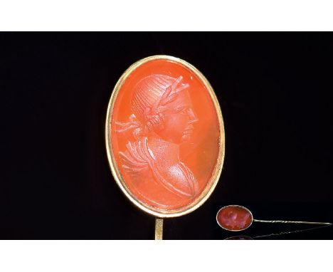 Georgian Period Very Fine Quality 19th Century - Oval Shaped Carnelian Intaglio Set Gold Stick Pin. Seal Engraved with a Clas