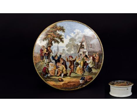 Antique Ceramic Trinket Box A large circular earthenware trinket box decorated with transfer print titled 'The Village Weddin