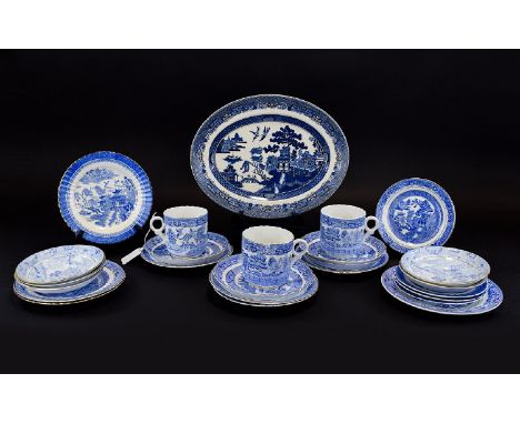 Sutherland China Part Tea Service ( 11 ) Pieces ' Willow Pattern ' c.1900. Comprises 3 Trios - 1 Cup and Saucer + a Further (