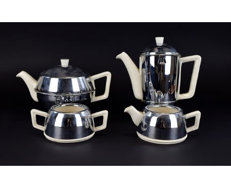 Vintage Art Deco Ceramic Everhot Four Piece Insulated Chrome Tea Service comprising, water jug, sugar bowl, teapot and Design