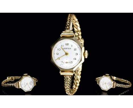 Ladies - Vertex 9ct Gold Octagonal Shaped Mechanical Wrist Watch. Fully Hallmarked Both Case and Bracelet, with Original Box.