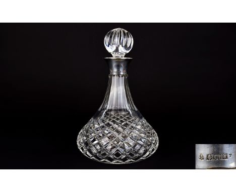 A Stylish 1970's Silver Collar Cut Glass Decanter, In As New Condition. Hallmark Birmingham 1971, Maker CSG & Co. Stands 11 I