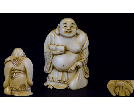 Japanese - Meiji Period 1864 - 1912 Signed and Excellent Quality Small Carved Ivory Figure of ' Daikoku ' Japanese God of The