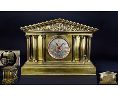 French Late 19th Century Brass Cased - Impressive Architectural Style Mantel Clock. 8 Day Movement Striking on a Gong, Pendul