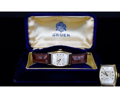 Gruen - Gents 1930's / 1940's Curvex Wrist Watch, with Original Leather Strap. White Dial, Gold Numbers and Secondary Dial. O