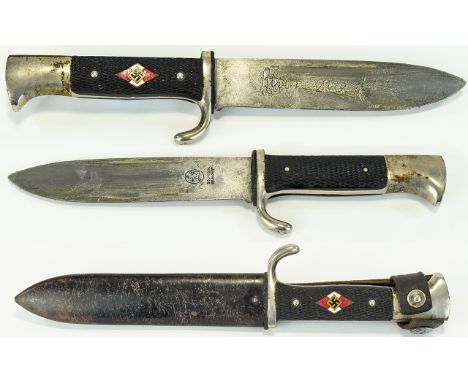 German Hitler Youth Knife with Etched Blade and Marked Solingen to Top of Blade GES. Beschutzt, Nickel Plated Hilt with Black