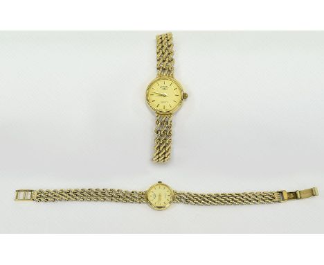 Ladies Rotary Quartz 9ct Gold Wrist Watch with Integral 9ct Gold Weave Bracelet. c.1990's. Fully Hallmarked Watch Case and Br