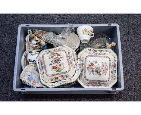 Box of Assorted Pottery including Copeland Spode 'Chinese Rose' No 629599 part dinner service, glass ware and modern decorati