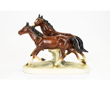 Katzhutte - Hertwig Ceramic Horse Figure. c.1930's / 1940's Pair of Young Horses In Playful Mood, Raised on a Ceramic Plinth.