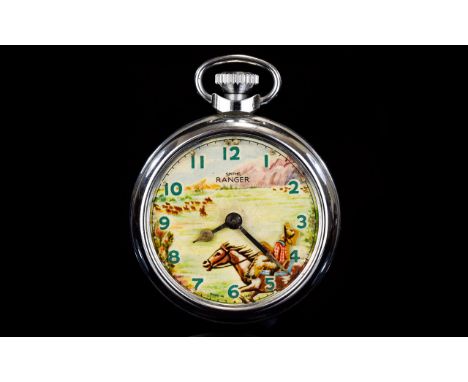 Smiths 1950's Ranger Automaton - Cowboy Chrome Cased Pocket Watch, with Moving / Rolling Cowboy Screw Back, Wonderful Conditi