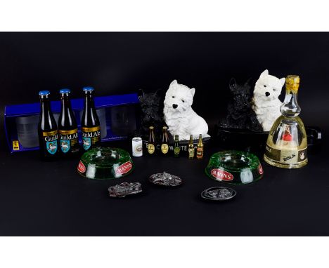 Collection of Advertising Items and Drinking Memorabilia, including black & white Scotch whisky dog figures, Bols, Manns Asht