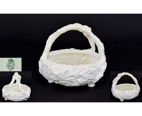 Worcester Mid 19th Century White Ceramic / Posy Bow / Basket with Floral and Naturalistic Decoration and Twig Shaped Handle, 