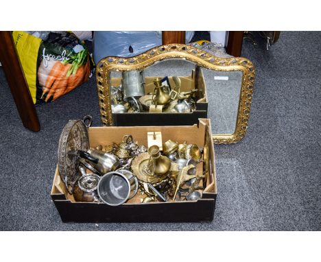 Box of Assorted Metalware including oriental charger, brass ornaments, eagle, bell etc, pewter tankard, mantle clock etc. Tog