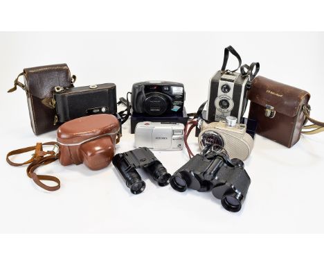 A Collection of Vintage Cameras comprising G B Bell and Howell Double Run Eight Model 605, binoculars, Kodak Brownie, Prinz 8