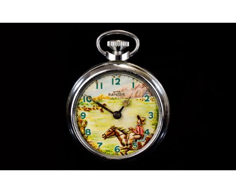 Smiths 1950's Ranger Automaton - Cowboy Chrome Cased Pocket Watch, with Moving / Rolling Cowboy Screw Back. Excellent Conditi