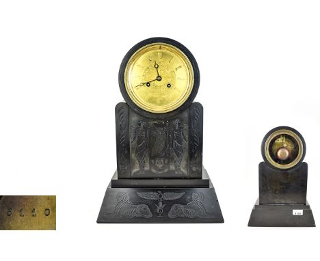 French - Impressive Egyptian Revival Black Marble Mantel Clock. Features a 8 Day Striking Movement on a Bell, Porcelain Dial,