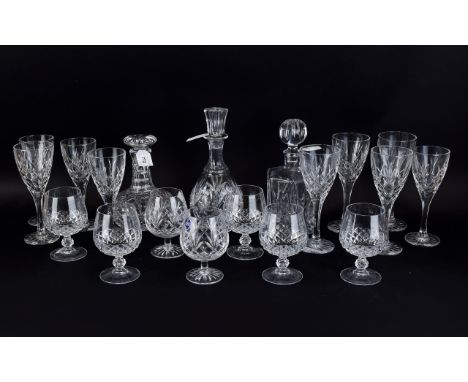 Glass Drinking Set comprising Thomas Webb Decanter plus two others, all with star cut bases, 6 Edinburgh Crystal Brandy glass