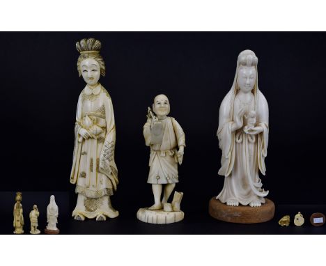 Japanese - Early 20th Century Collection of Carved Ivory Figures ( 3 ) Three In Total. Depicting Figures of Japanese Interest