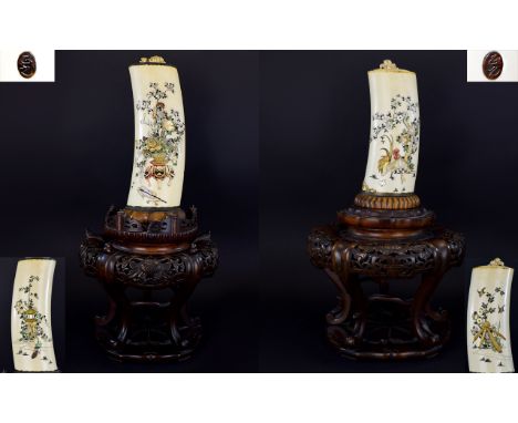 Japanese - Superb Pair of Large and Impressive Finely Worked / Matched Pair of Signed Shibayama and Ivory Tusk Lidded Vases. 