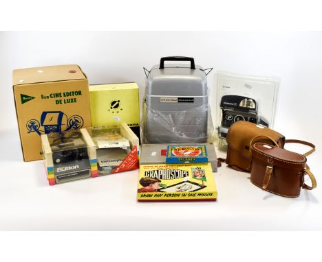 A Box Of Camera Equipment comprising of Polaroid Camera, A Pair Of Kinux Binoculars, Bell & Howell Cine Camera,  Gevaert Came