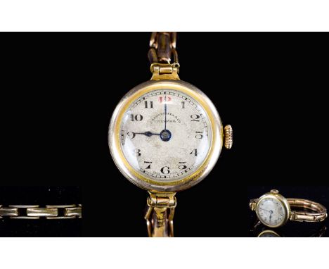 Ladies - 1920's Mechanical 9ct Gold Cased Wrist Watch with Attached Gold Plated Expanding Bracelet. In Working Order. 