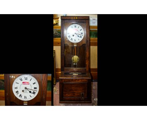 The Gledhill - Industrial Oak Cased Clock Time Recorder for Clocking In - Out, Spring Driven. In Working Order. Height 46 Inc