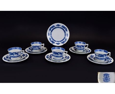 George Jones & Sons Blue and White ( 16 ) Piece Part Tea Service ' Dragon ' Pattern. Comprises 5 Trios + 1 Saucer ( 2 ) of Sa