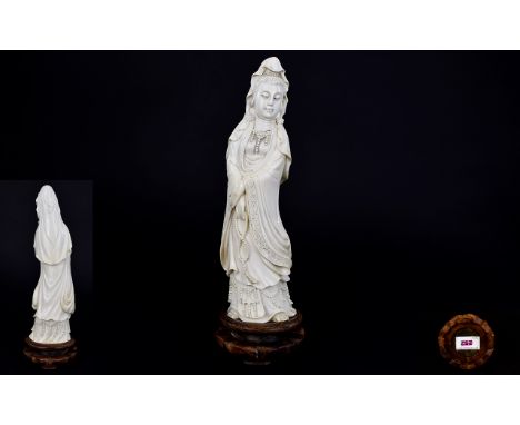 Chinese Early 20th Century Well Carved Ivory Figurine of Chinese Noble Lady, Dressed In Flowing Robes, Headdress and Beset wi