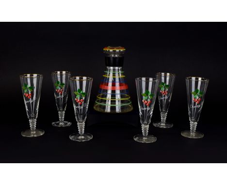 Vintage Conical Shaped Glass Decanter with multi coloured striped banding to body and stopper 7.5 inches in height. Together 
