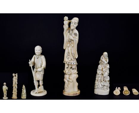 A Small Collection of Japanese Meiji Period 1864 - 1912 Well Carved Ivory Figures ( 3 ) Three In Total. Two of The Figures Si