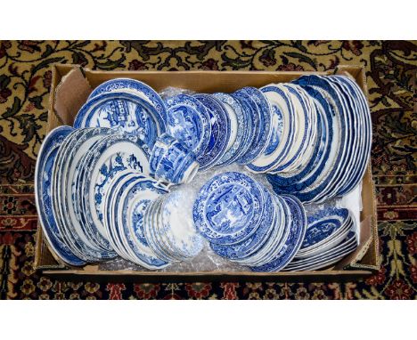A Large Quantity of Staffordshire Blue and White Ceramics over 30 items to include several cake plates, cups and saucers, sid
