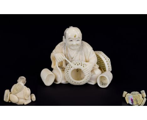 Japanese- Meiji Period 1864 - 1912 Fine Quality Carved Ivory Small Figure of a Basket Maker at Work, Red Seal Missing to Unde