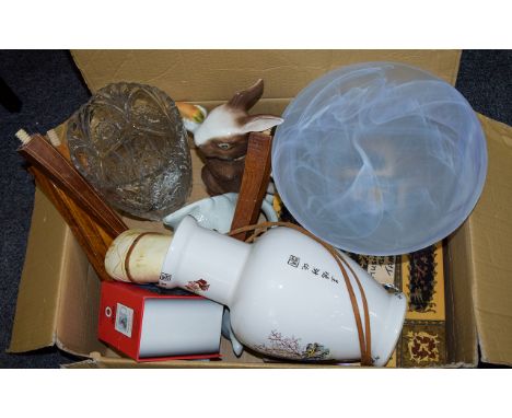 Box of Assorted Collectables including horn, large Oriental vase, glass vase, musical sewing table, Ladybird collectable Spod