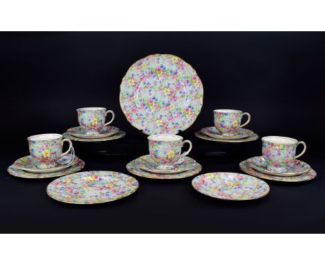 Royal Winton Grimwades (18 ) Piece Tea Service. c.1930's ' Summertime Chintz ' Pattern. Comprises 5 Trios, 1 Sandwich Plate &