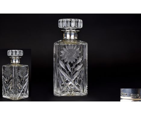 A Gentleman's Good Quality and Heavy Silver Collar Cut Crystal Decanter. In As New Condition. Hallmark London 1991. Maker P &