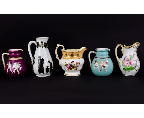 Five Various Transfer Printed, Layered Glaze and Hand Painted 19th Century English Jugs comprising two various Ashworth trans