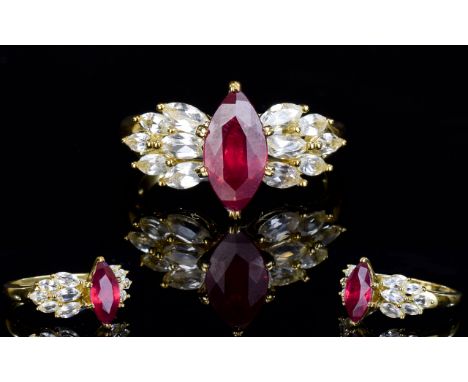 Ruby and White Topaz Ballerina Style Ring, a 3ct marquise cut ruby flanked by 1.5cts of white topaz, set in 14ct gold vermeil