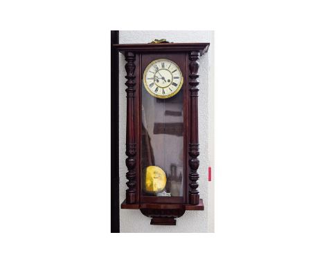 Gustav Becker Mahogany Cased Vienna Wall Clock. c.1880's. with Wood Rod and Pendulum. 38 Inches High. 