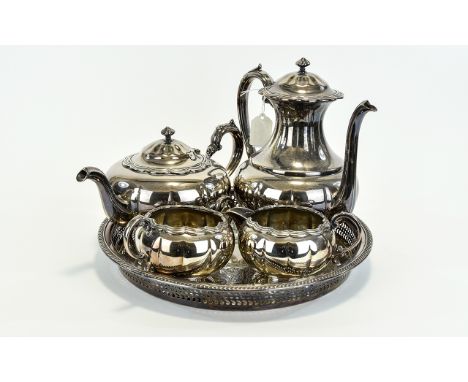 A Silver Plated Tea And Coffee Service By Oneida A five piece set to include teapot, coffeepot, etched tray with reeded borde