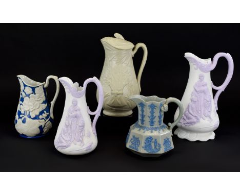 A Collection of Mid 19th Century Jugs ( 5 ) Five In Total, From Various Factories. Includes 1/ Samuel Alcock Naomi and Daught
