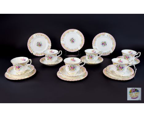 Royal Albert Fine Bone China ( 18 ) Piece Tea Service ' Serenity ' Design. Pink Dots, Yellow Scrolls and Pink Flowers. Compri