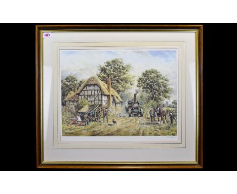 John Chapman Ltd Edition Artist Signed - Colour Print / Lithograph - Country Side Landscape ' Farm House ' Figures and Animal