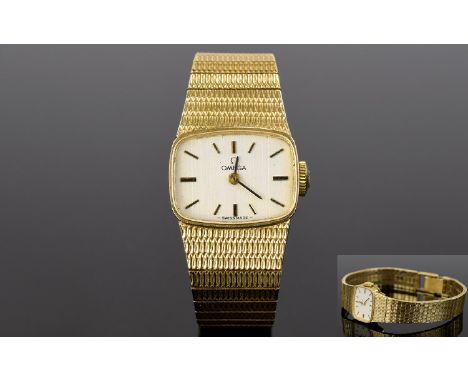Ladies - Omega 9ct Gold Wrist Watch with Integral 9ct Gold Mesh Bracelet. c.1970's. Fully Hallmarked. Excellent Condition, 32