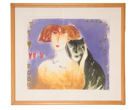 *KATRIEN CAYMAX (1951-2016) A portrait of a woman and her cat,signed lower right, indistinctly titled and numbered 1/98 lower