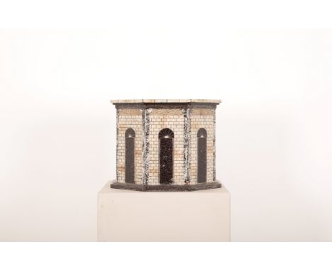 AN OCTAGONAL ARCHITECTURAL LACQUER BOX AND COVERmid-20th century or later, in the style of Fornasetti, with flat segmented ro