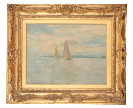 ENGLISH SCHOOL, 20TH CENTURY, 'Light Airs'oil on canvas, depicting the yachts 'Vigilant' and 'Britannia', 25cm x 33cm