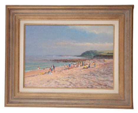 TED DYER (b.1940) 'Soft Light across the Beach, Gyllyngvase Falmouth'signed lower right, oil on canvas, 24cm x 34cm