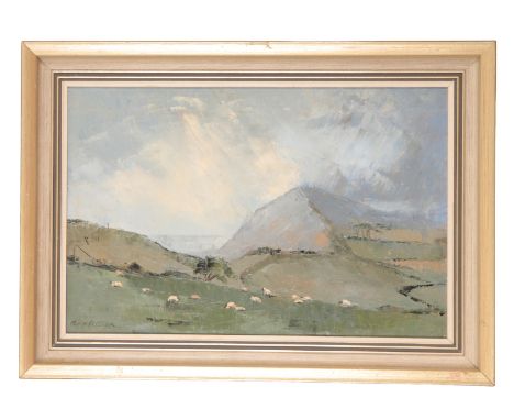 *MOLLIE FLETCHER (20th century) 'Storm over Ladram Bay'Sheep in a landscape, signed lower left, oil on board, 29cm x 44cm Exh