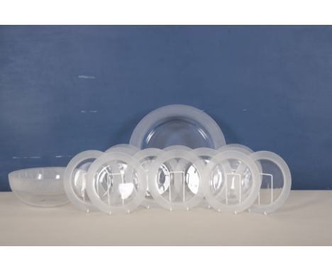 A LALIQUE STYLE GLASS FRUIT OR DESSERT SERVICEmid-20th century, comprising circular bowl and stand together with twelve plate