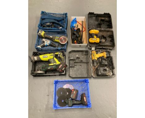 A collection of hand tools and power tools by Dewalt, Ryobi, small foot pump, portable saw etc. (Q) CONDITION REPORT: All par